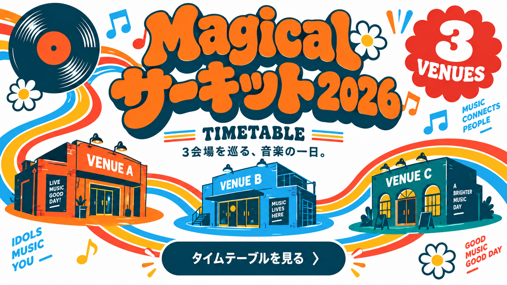 Magical サーキット 2026。3会場を巡る、音楽の一日。VENUE A、VENUE B、VENUE Cをつなぐカラフルなイラスト。